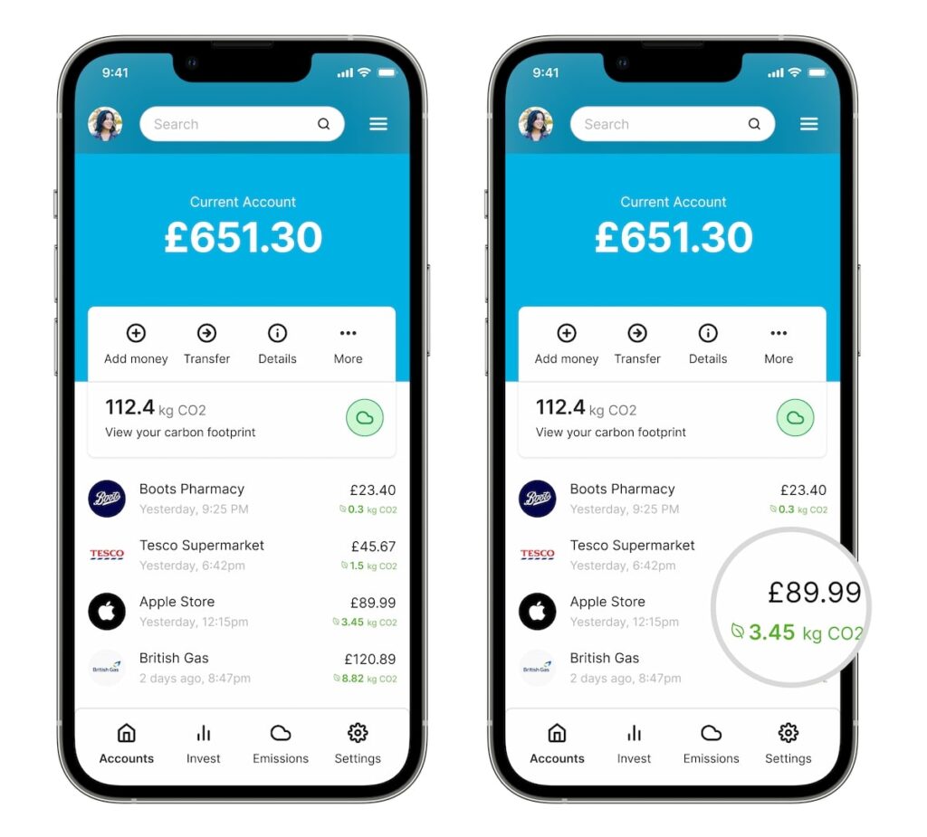In-app customer-facing carbon emissions data