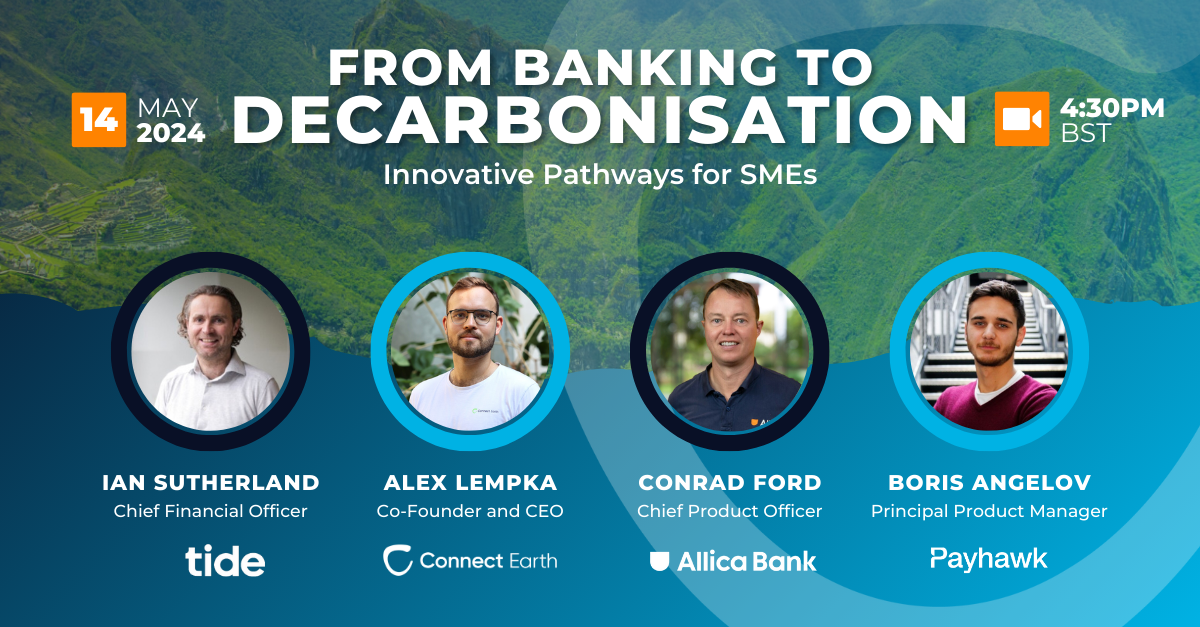 Graphic for the Connect Earth hosted webinar 'From Banking to Decarbonisation'