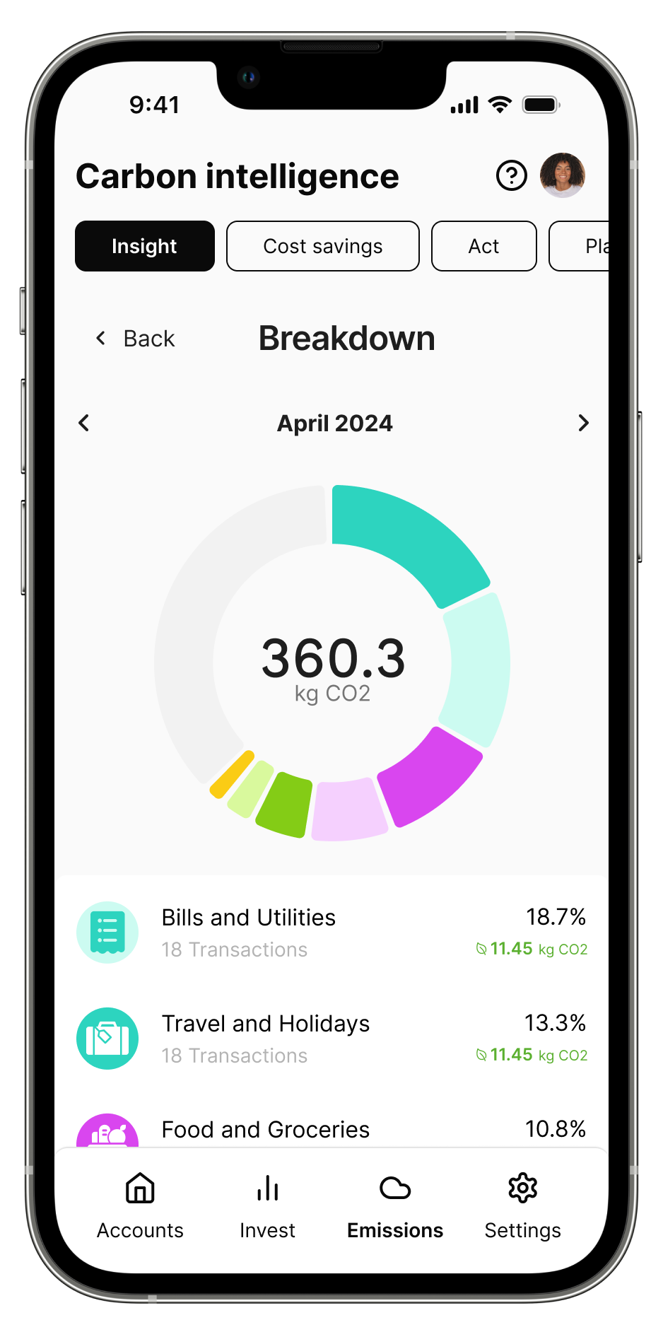 Emissions insights app mockup